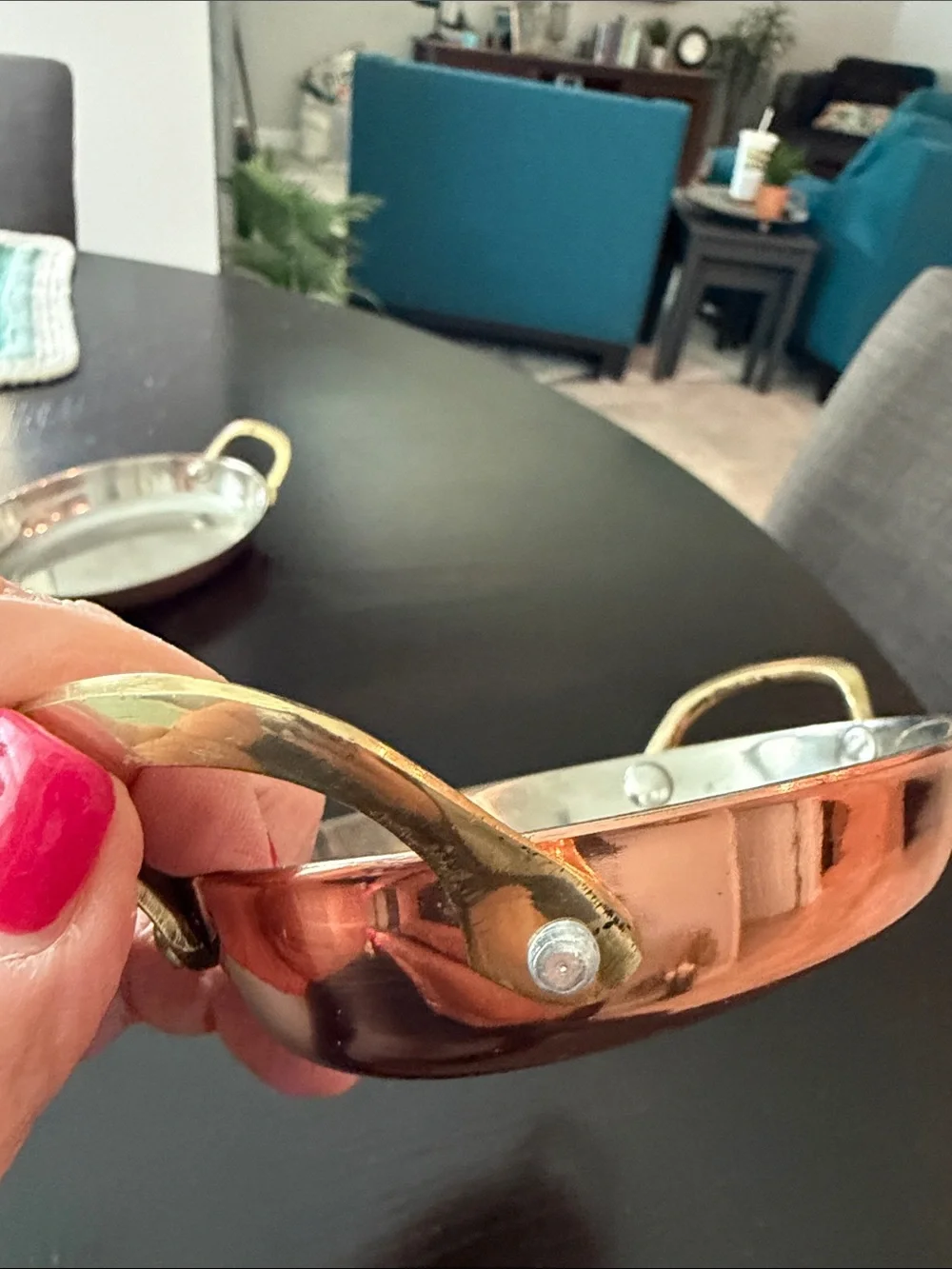 Two Copper Gratin Serving Dishes with Brass Handles - Copper Finish